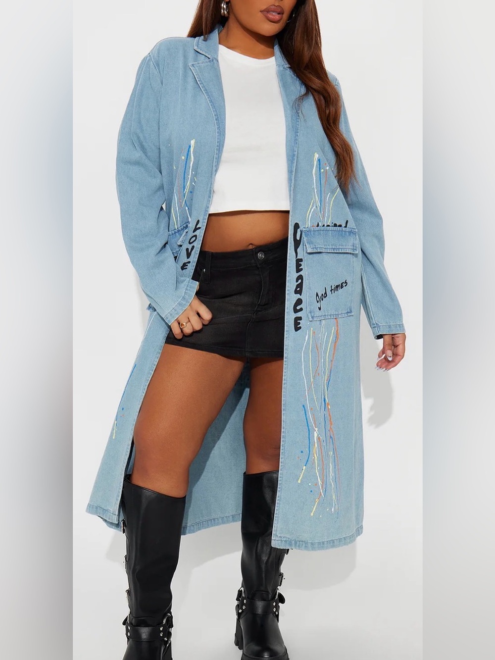 Statement Painted Denim Duster - Blue with Multi-Color Accents
